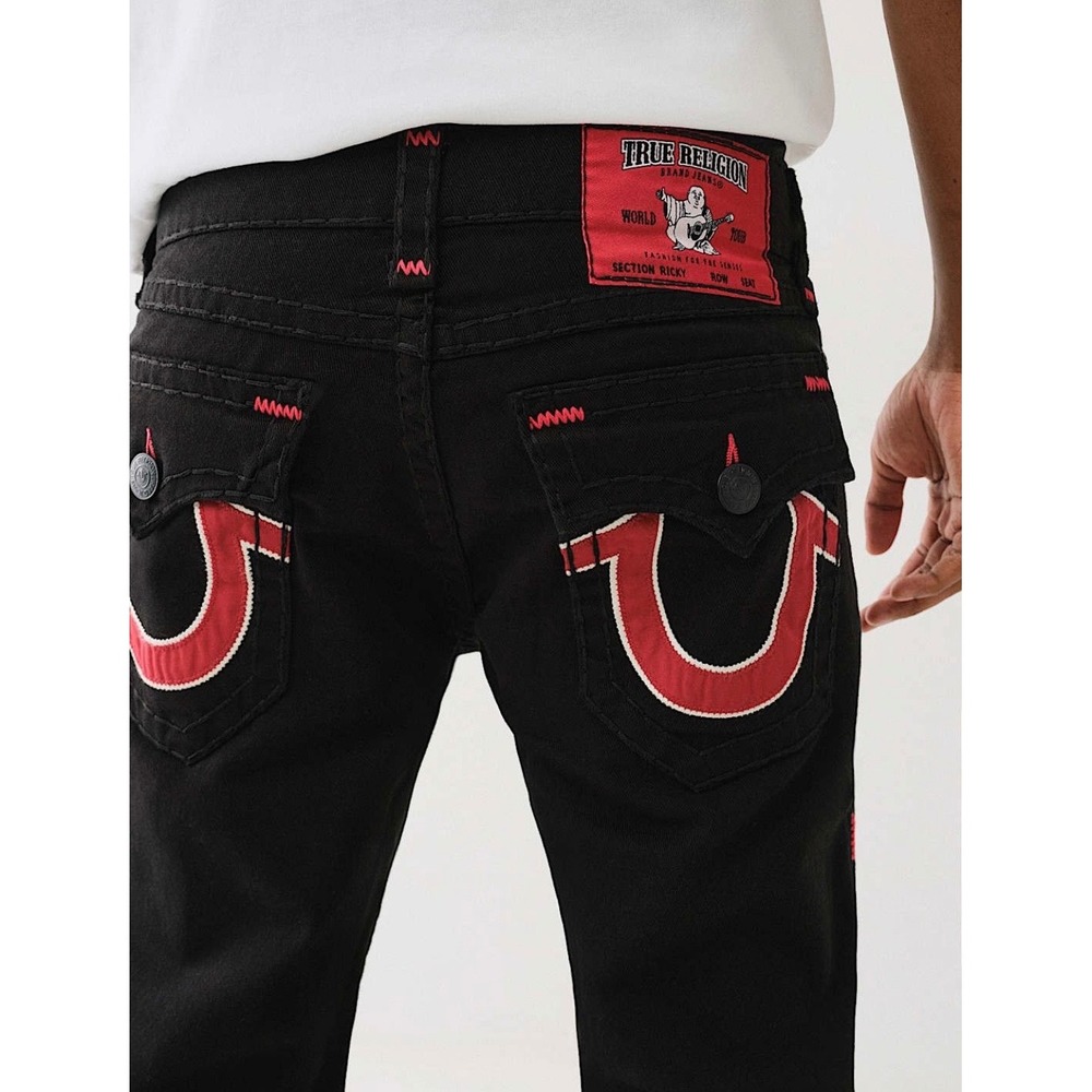 True Religion Ricky Relaxed Straight Black Red Stitch Jeans Size 36 Worn Once